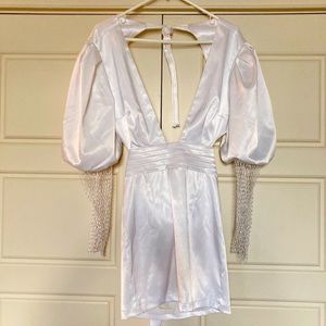 Beautiful deep neckline satin dress!